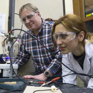 Principal Investigator Steve Bergens with Post-Doctoral Fellow Mona Amiri: Future Energy Systems scientists’ work on solar fuels may help solve storage problems